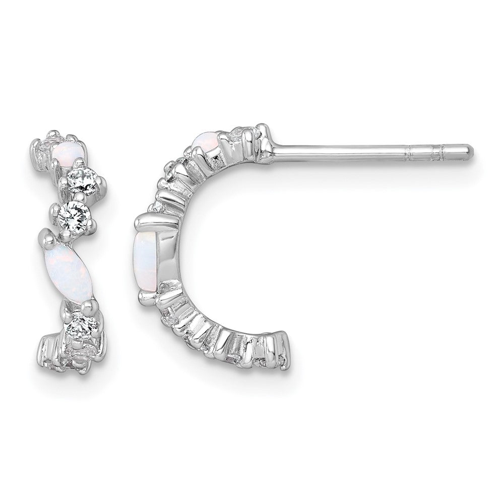 QE18083 Sterling Silver Rhodium-plated Polished CZ and Lab Created Opal Post C-Hoop Earrings