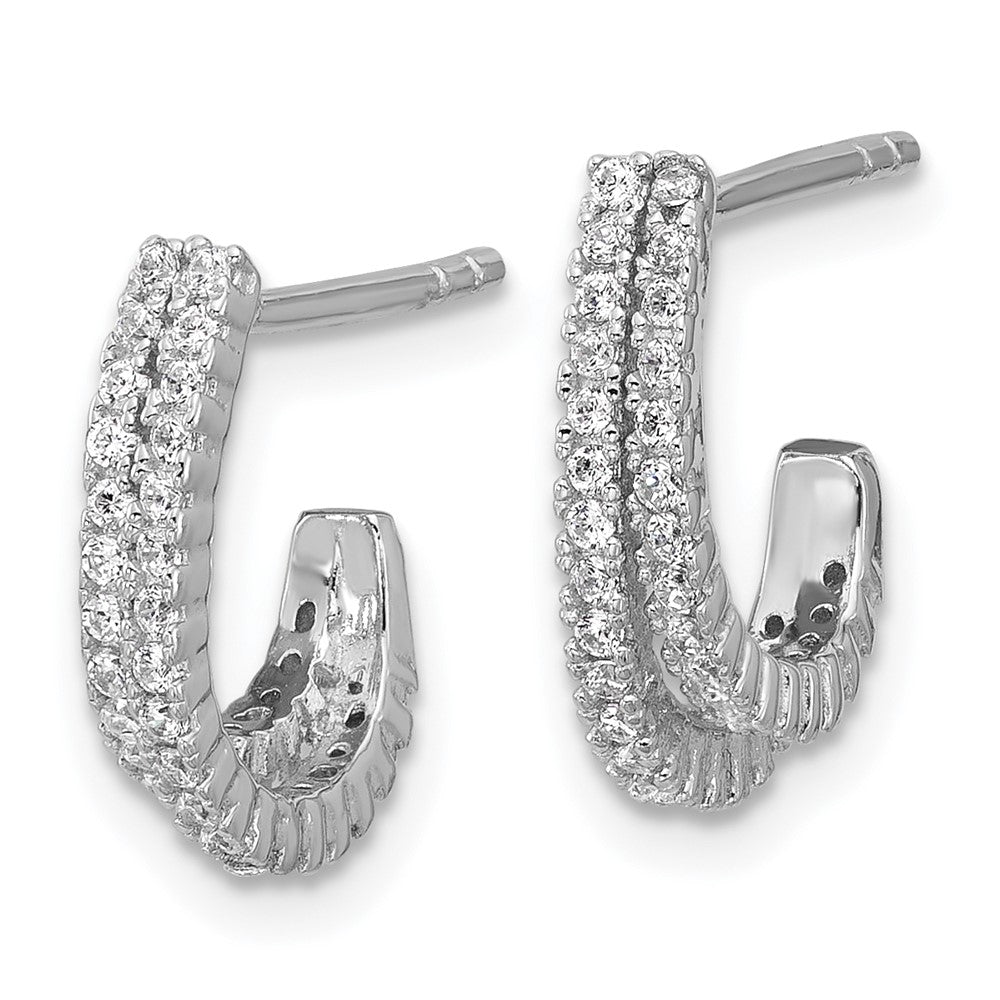 QE18084 Sterling Silver Rhodium-plated CZ Polished Double Row J-Hoop Post Earrings