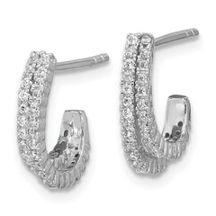 QE18084 Sterling Silver Rhodium-plated CZ Polished Double Row J-Hoop Post Earrings