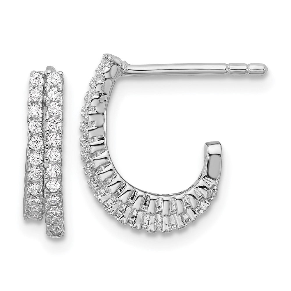 QE18084 Sterling Silver Rhodium-plated CZ Polished Double Row J-Hoop Post Earrings