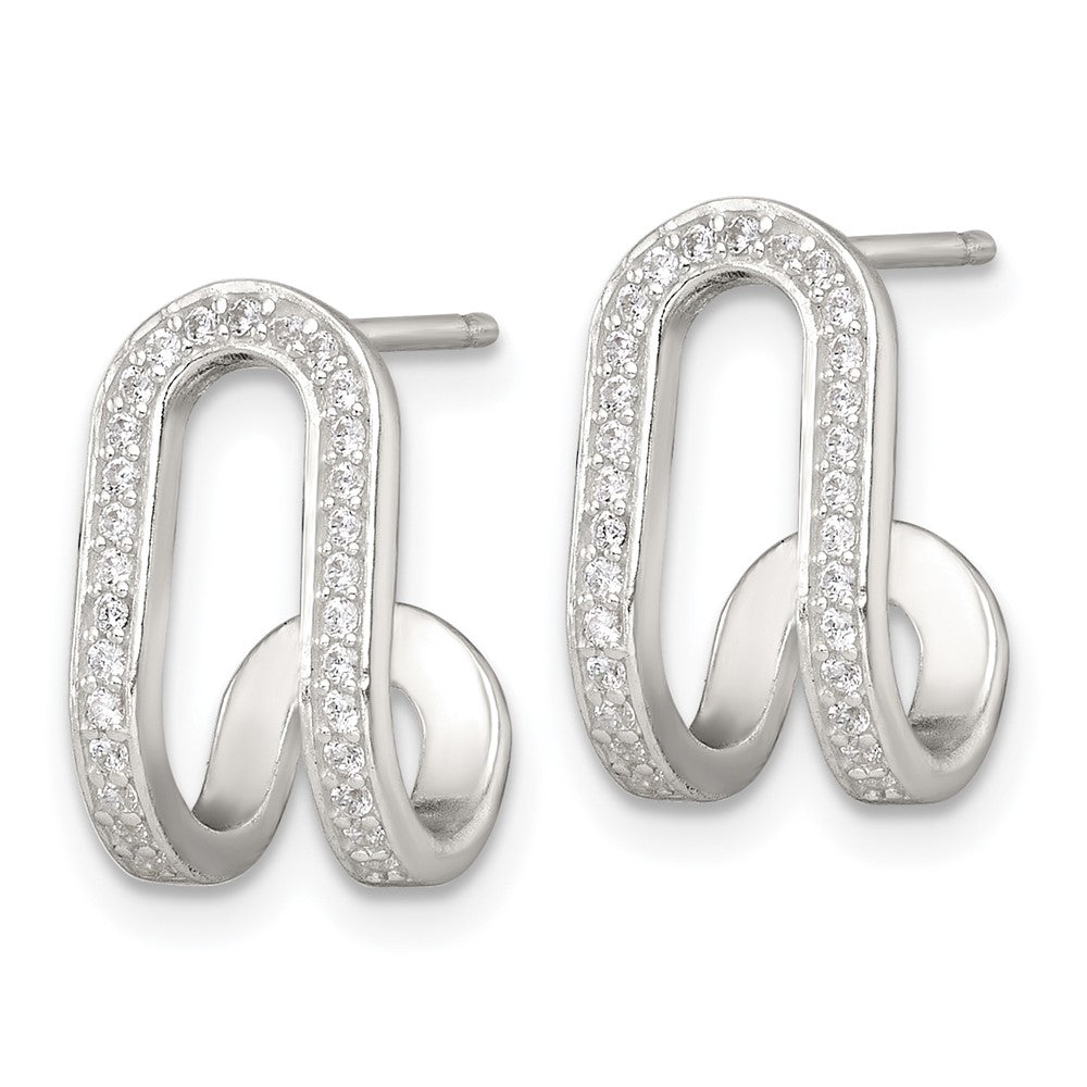 QE18085 Sterling Silver Polished White CZ Curved J-Hoop Post Earrings