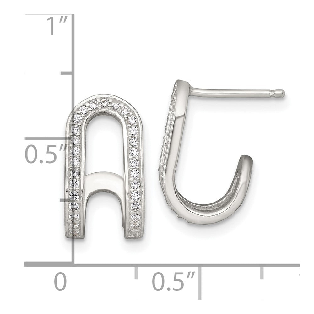 QE18085 Sterling Silver Polished White CZ Curved J-Hoop Post Earrings
