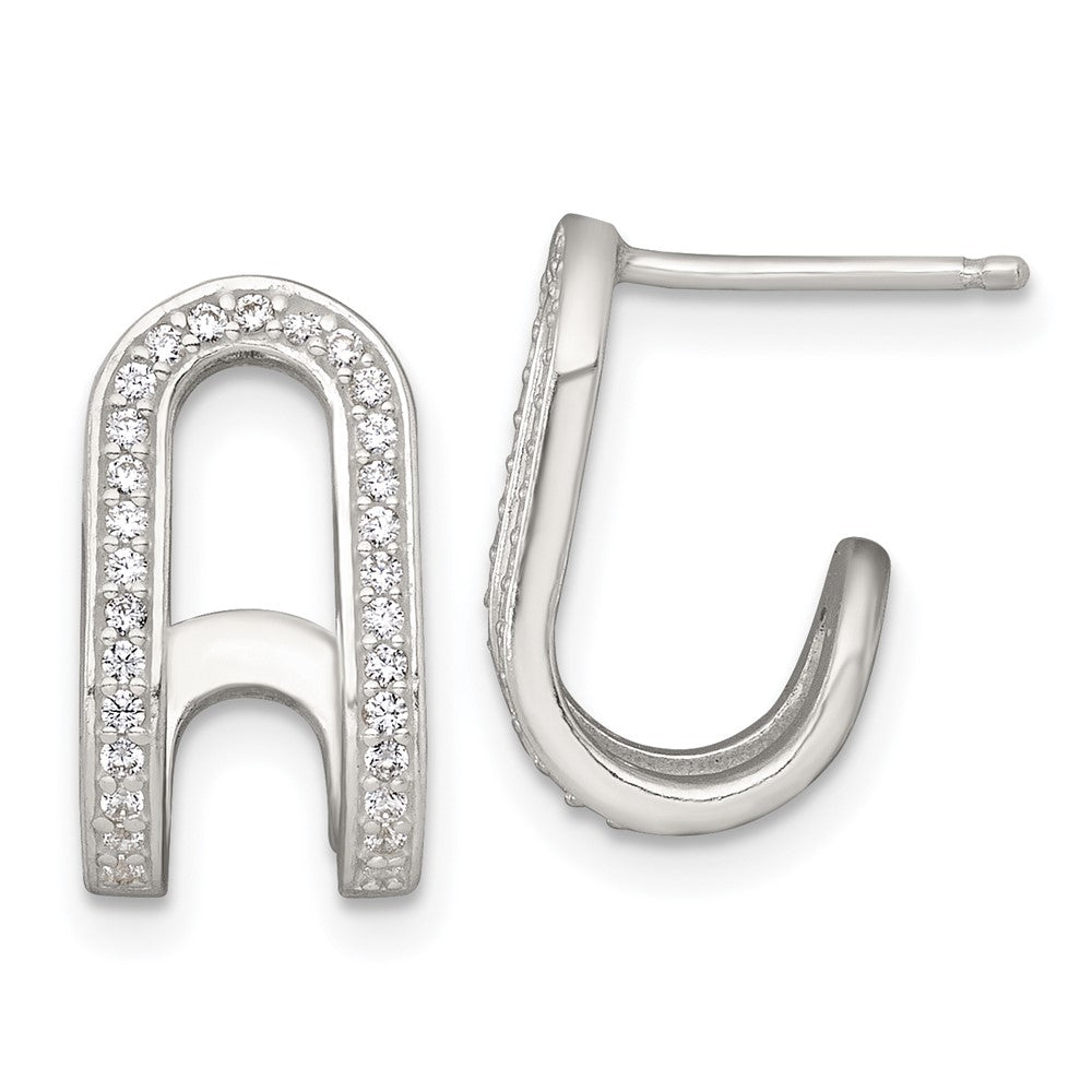 QE18085 Sterling Silver Polished White CZ Curved J-Hoop Post Earrings