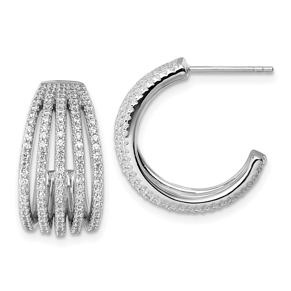 QE18094 Sterling Silver Rhodium-plated Polished CZ Multi-Row J-Hoop Post Earrings