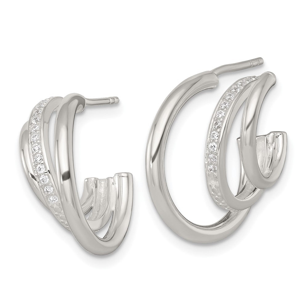 QE18095 Sterling Silver Polished CZ 3-Row C-Hoop Post Earrings