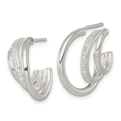 QE18095 Sterling Silver Polished CZ 3-Row C-Hoop Post Earrings