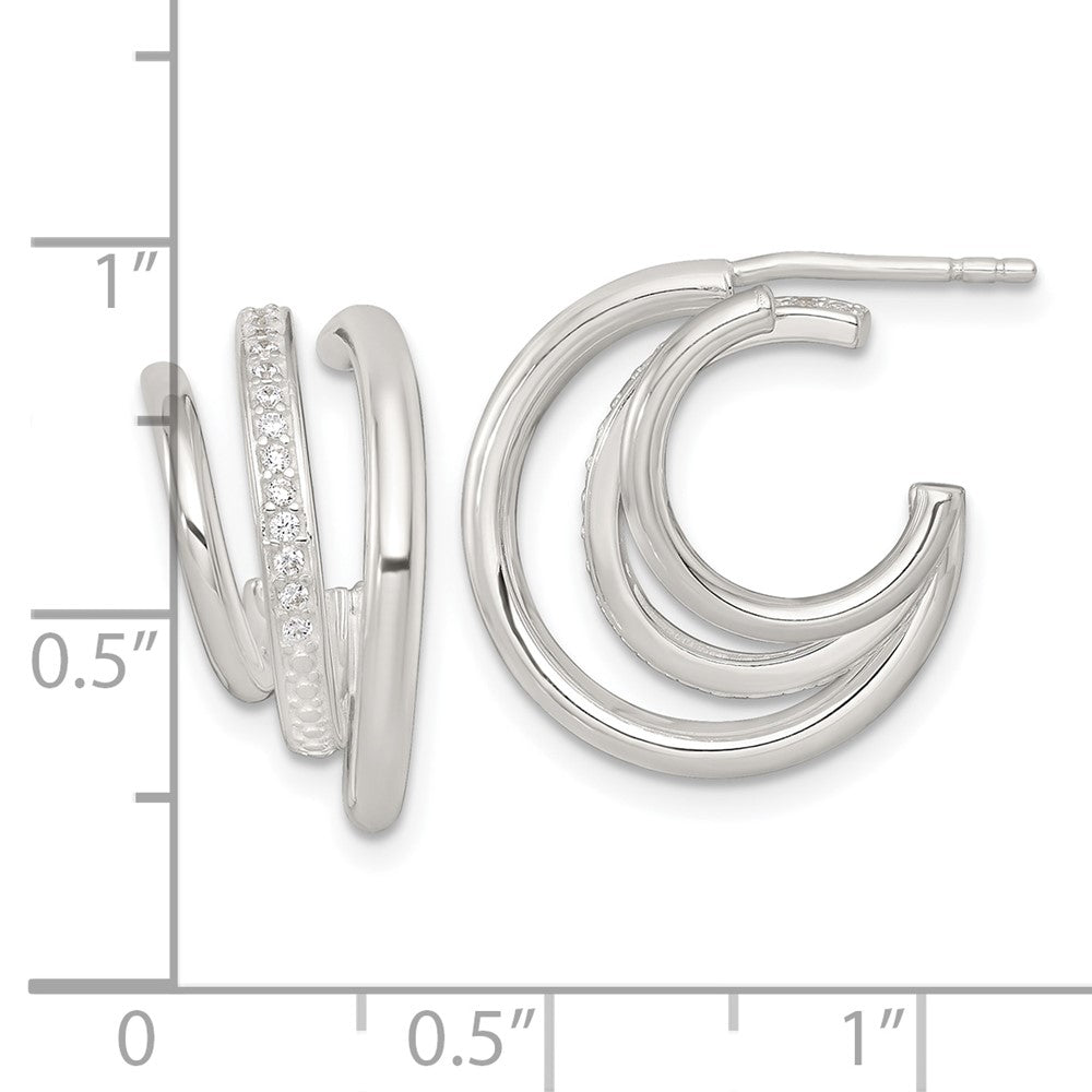 QE18095 Sterling Silver Polished CZ 3-Row C-Hoop Post Earrings