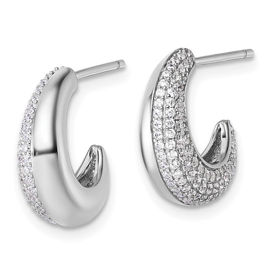 QE18097 Sterling Silver Rhodium-plated CZ Polished J-Hoop Post Earrings