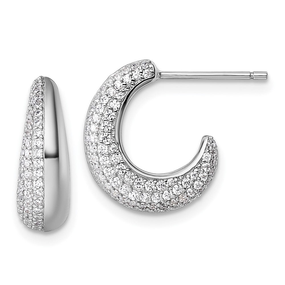 QE18097 Sterling Silver Rhodium-plated CZ Polished J-Hoop Post Earrings