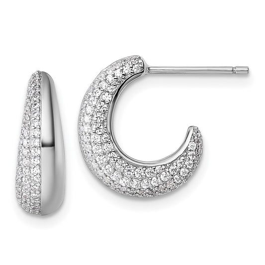 QE18097 Sterling Silver Rhodium-plated CZ Polished J-Hoop Post Earrings