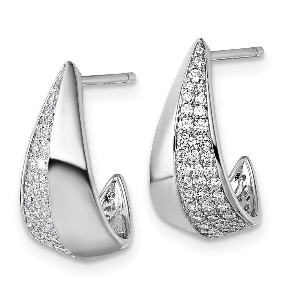 QE18098 Sterling Silver Rhodium-plated CZ Polished J-Hoop Post Earrings
