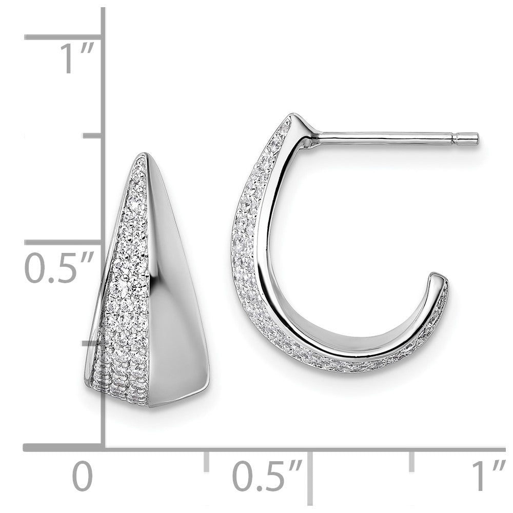 QE18098 Sterling Silver Rhodium-plated CZ Polished J-Hoop Post Earrings