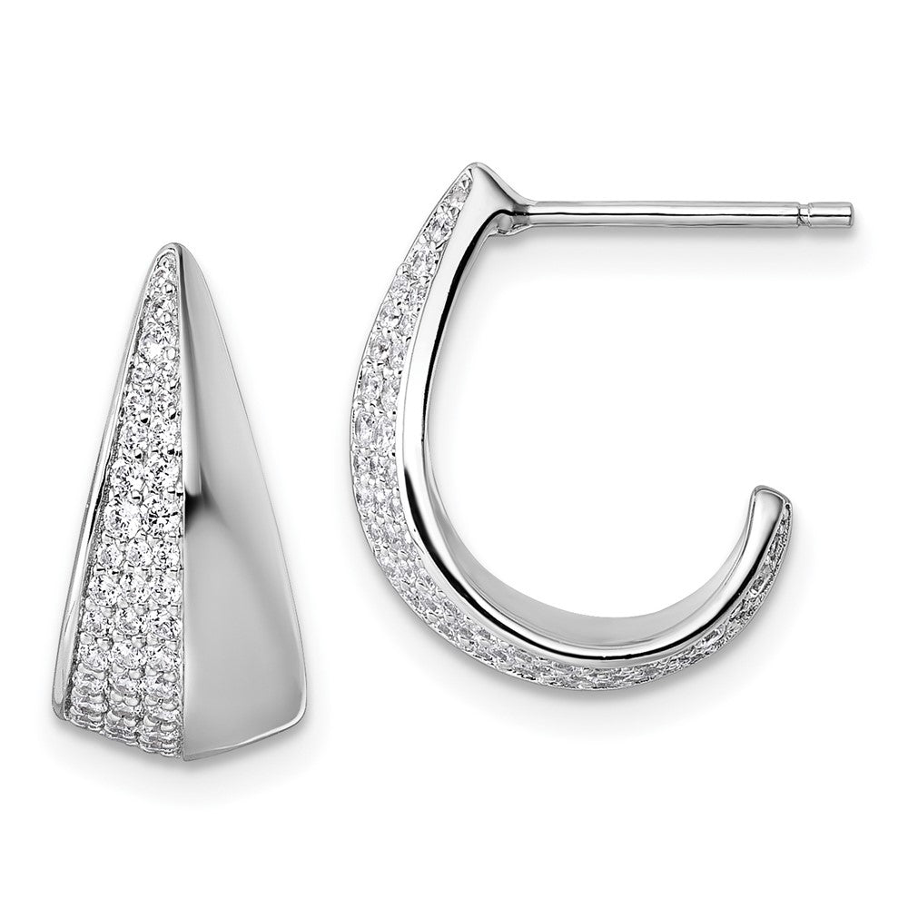 QE18098 Sterling Silver Rhodium-plated CZ Polished J-Hoop Post Earrings