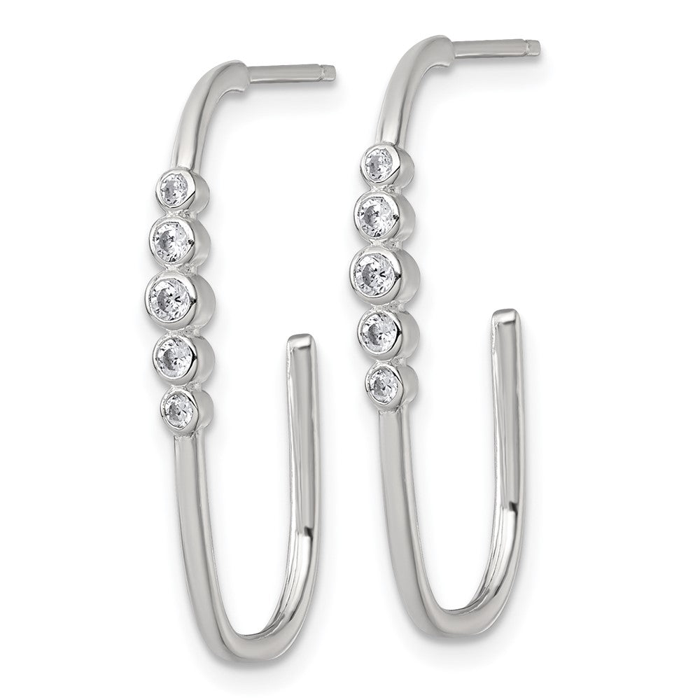 QE18102 Sterling Silver Polished Bezel Set CZ Post J-Hoop Earrings