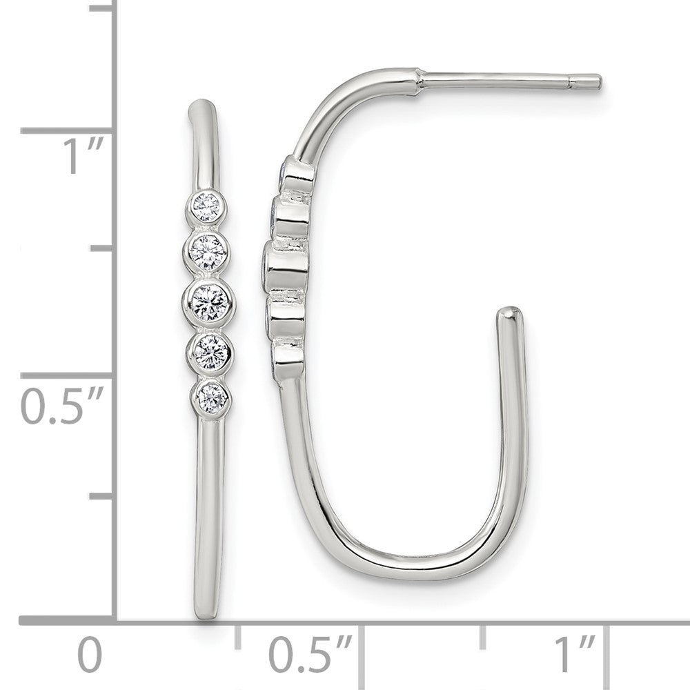 QE18102 Sterling Silver Polished Bezel Set CZ Post J-Hoop Earrings