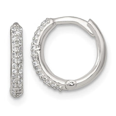 QE18110 Sterling Silver Polished CZ 12mm Hinged Round Hoop Earrings