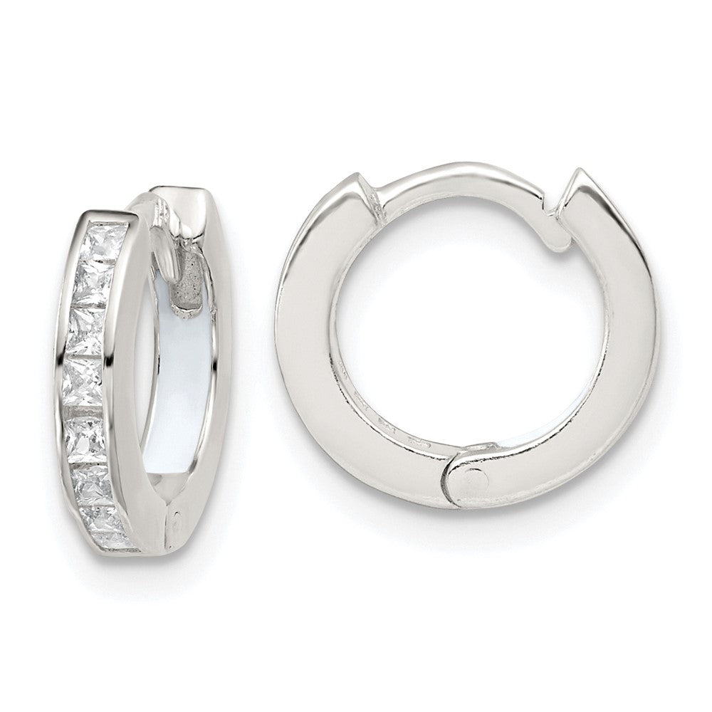 QE18111 Sterling Silver Polished CZ and White Enamel In and Out 13mm Hinged Round Hoop Earrings
