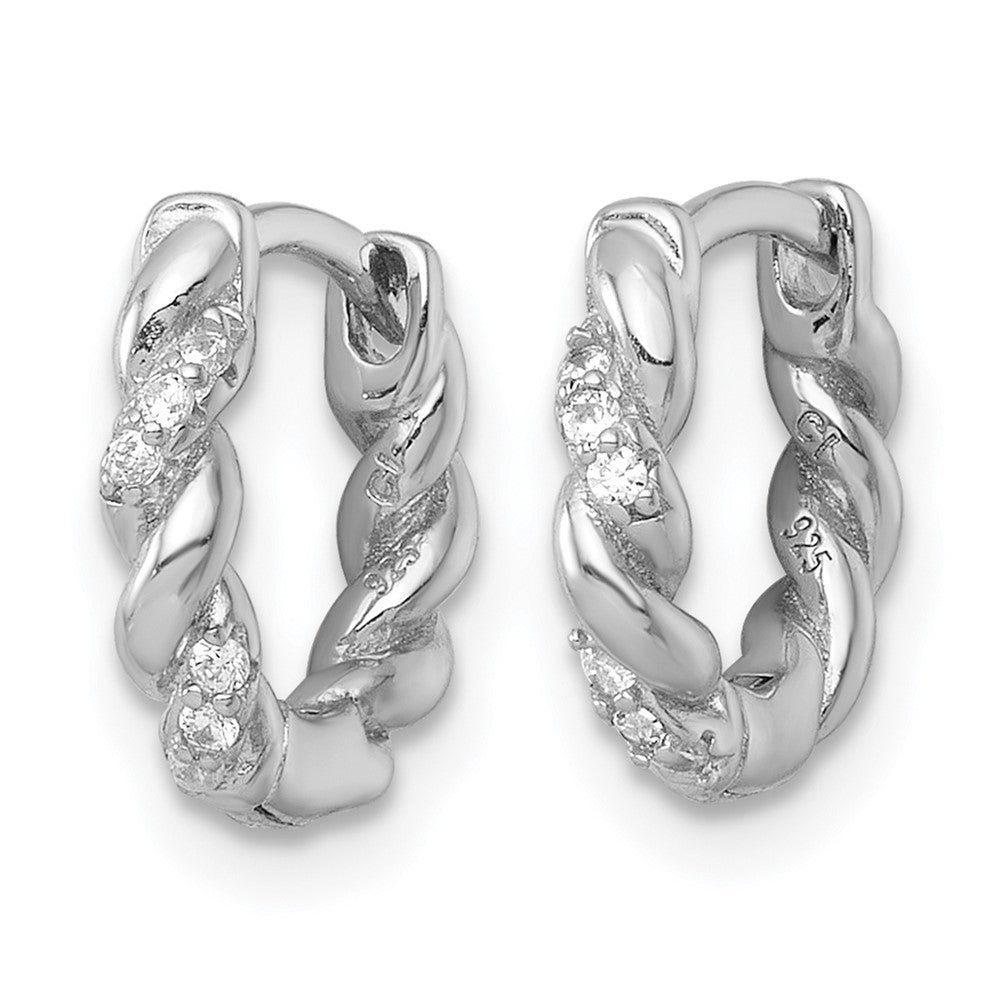 QE18114 Sterling Silver Rhodium-plated Polished and Twisted CZ Round Hinged Hoop Earrings