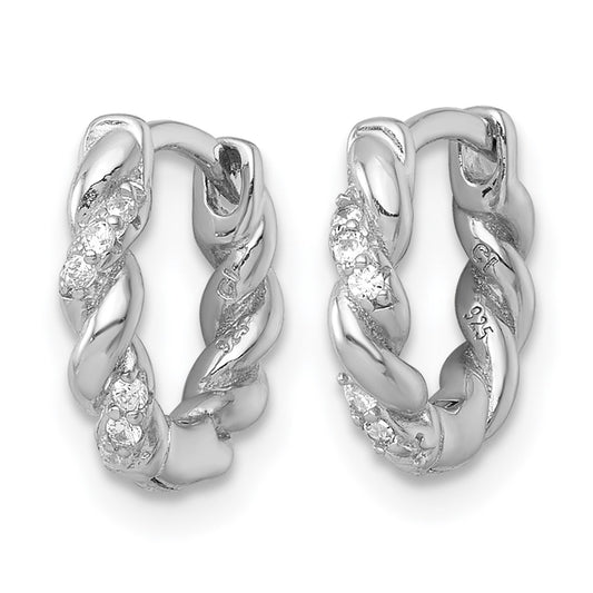 QE18114 Sterling Silver Rhodium-plated Polished and Twisted CZ Round Hinged Hoop Earrings