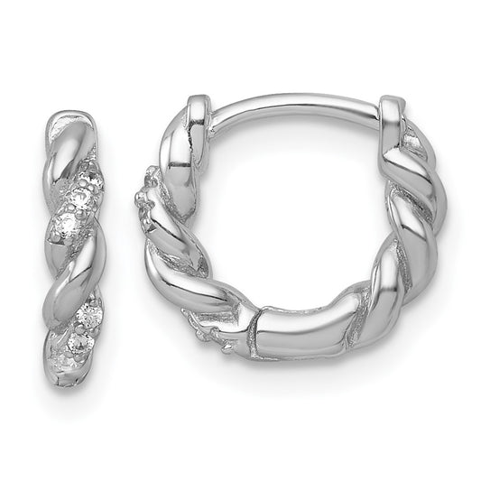 QE18114 Sterling Silver Rhodium-plated Polished and Twisted CZ Round Hinged Hoop Earrings