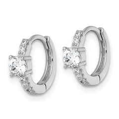 QE18115 Sterling Silver Rhodium-plated Polished CZ Round Hinged Hoop Earrings
