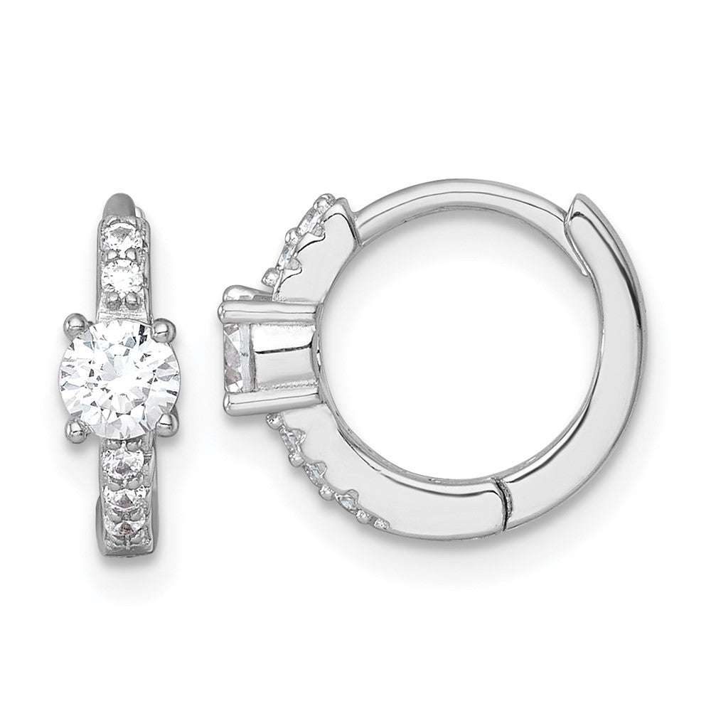 QE18115 Sterling Silver Rhodium-plated Polished CZ Round Hinged Hoop Earrings