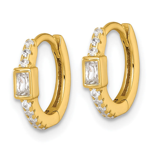 QE18116GP Sterling Silver Gold-tone Polished Round and Emerald-cut CZ Round Hinged Hoop Earrings