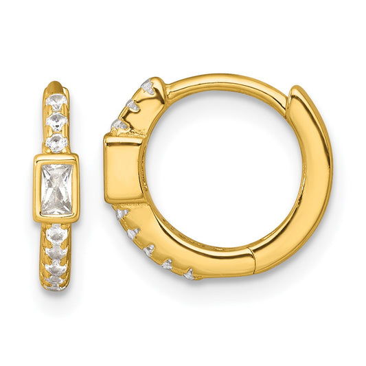 QE18116GP Sterling Silver Gold-tone Polished Round and Emerald-cut CZ Round Hinged Hoop Earrings