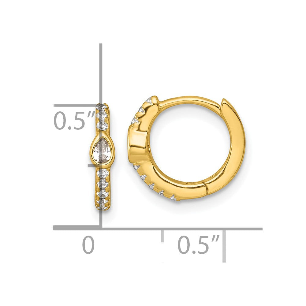 QE18118GP Sterling Silver Gold-tone Polished Round and Pear Shaped CZ Round Hinged Hoop Earrings