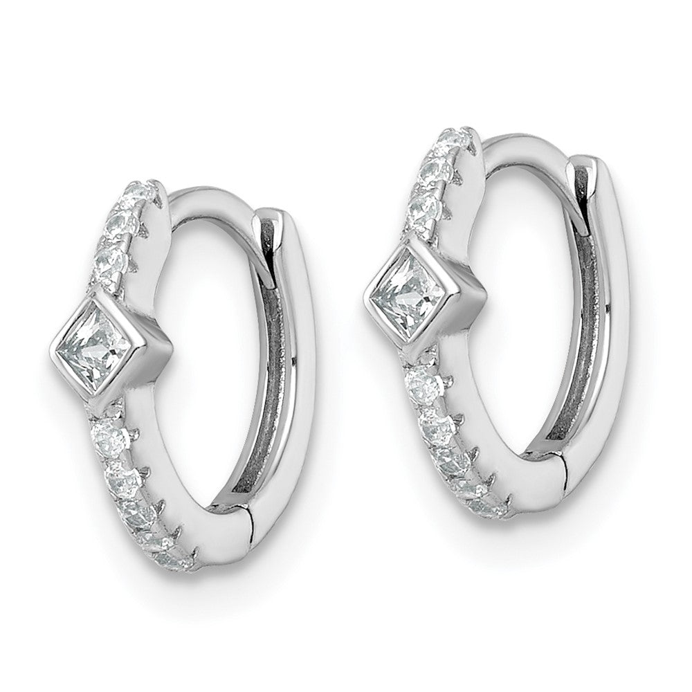 QE18119 Sterling Silver Rhodium-plated Polished Round and Square CZ Round Hinged Hoop Earrings