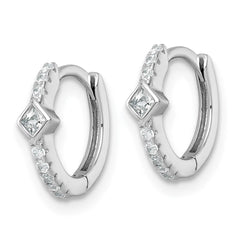 QE18119 Sterling Silver Rhodium-plated Polished Round and Square CZ Round Hinged Hoop Earrings