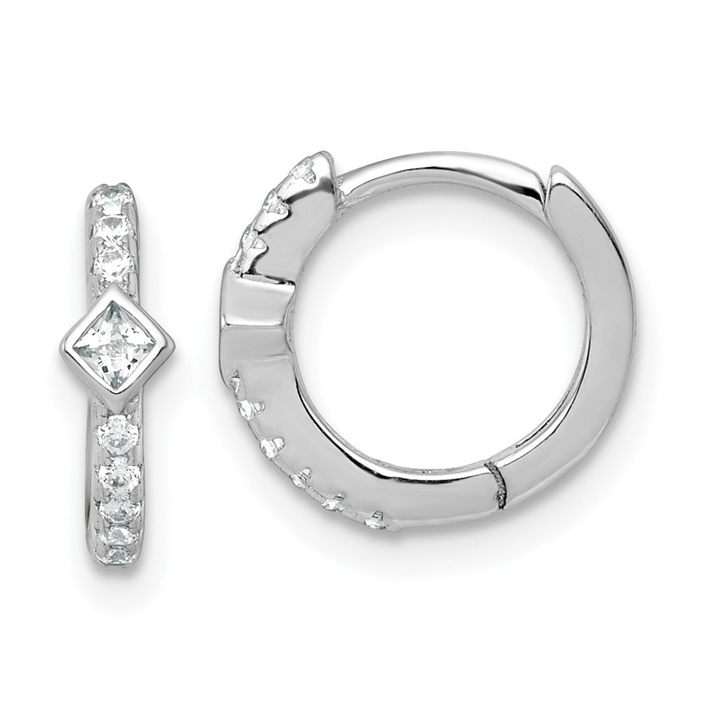 QE18119 Sterling Silver Rhodium-plated Polished Round and Square CZ Round Hinged Hoop Earrings