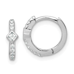 QE18119 Sterling Silver Rhodium-plated Polished Round and Square CZ Round Hinged Hoop Earrings