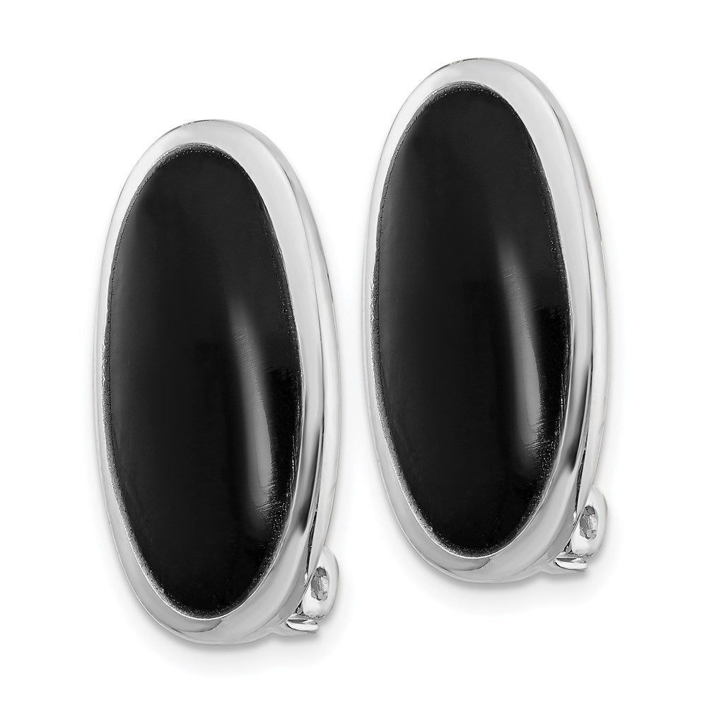 QE1812 Sterling Silver Rhodium-plated Polished Onyx Non-Pierced Oval Earrings