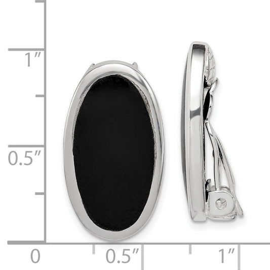 QE1812 Sterling Silver Rhodium-plated Polished Onyx Non-Pierced Oval Earrings