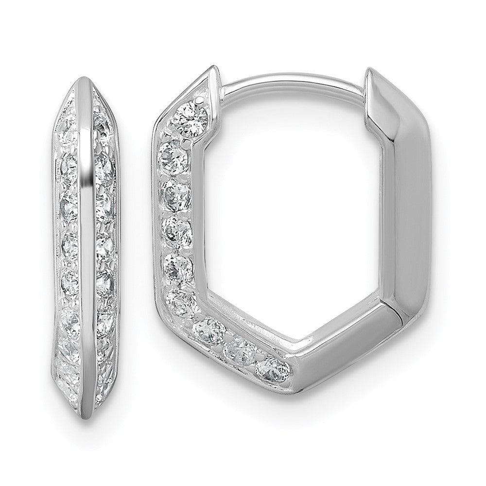 QE18120 Sterling Silver Rhodium-plated Polished CZ Geometric Hinged Hoop Earrings