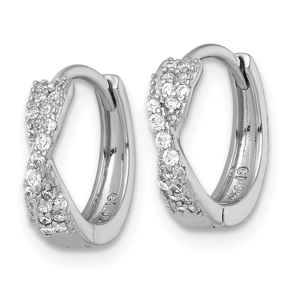 QE18122 Sterling Silver Rhodium-plated Polished CZ -X- Round Hinged Hoop Earrings