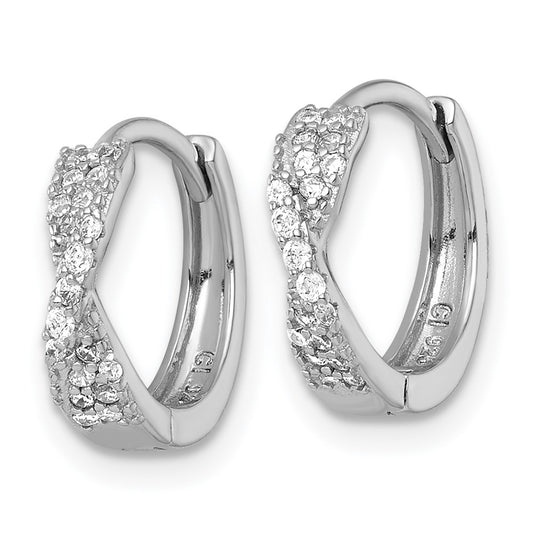 QE18122 Sterling Silver Rhodium-plated Polished CZ -X- Round Hinged Hoop Earrings