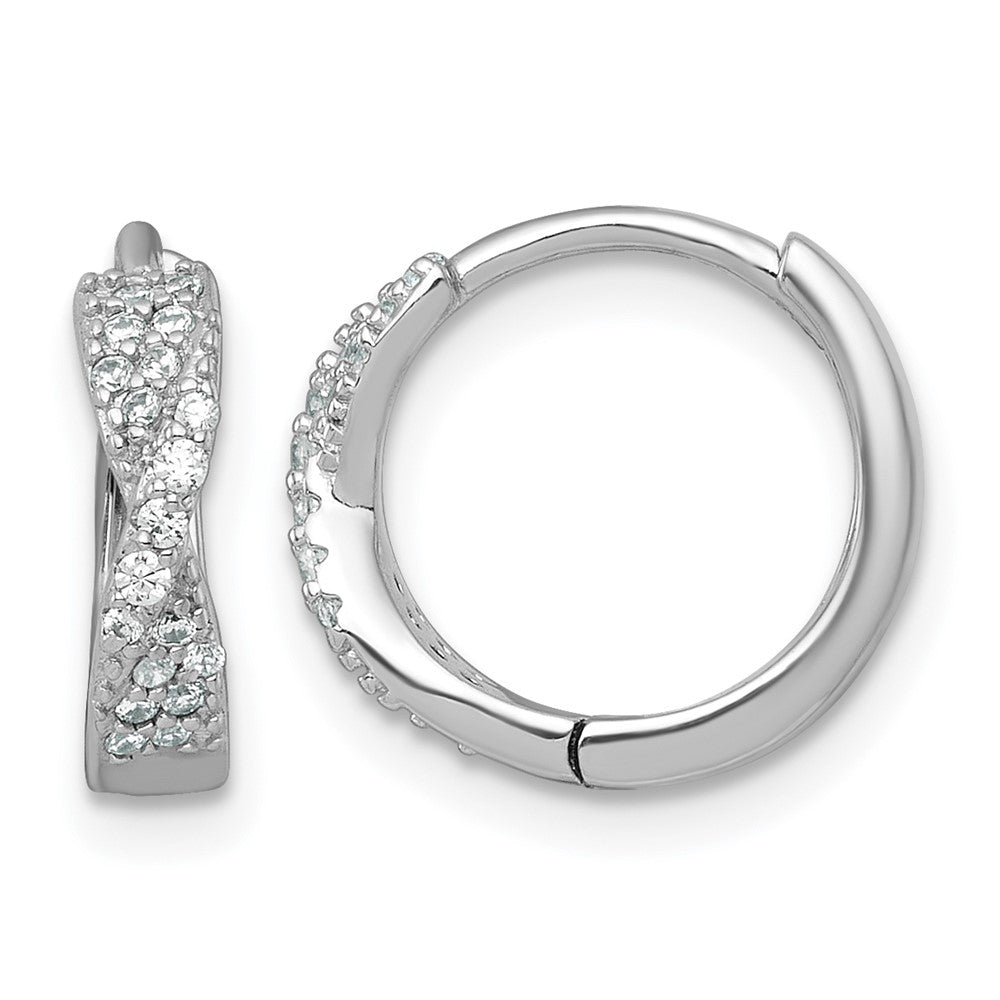 QE18122 Sterling Silver Rhodium-plated Polished CZ -X- Round Hinged Hoop Earrings