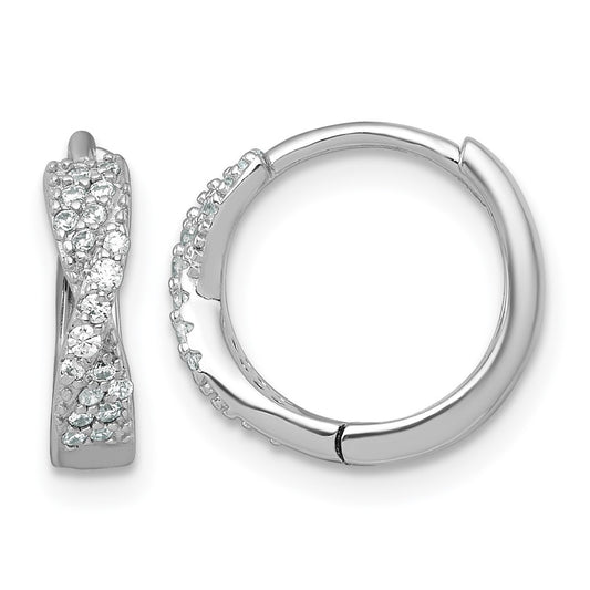 QE18122 Sterling Silver Rhodium-plated Polished CZ -X- Round Hinged Hoop Earrings