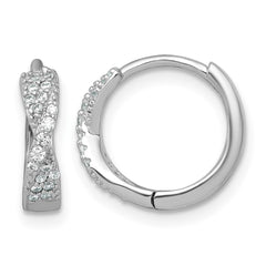 QE18122 Sterling Silver Rhodium-plated Polished CZ -X- Round Hinged Hoop Earrings