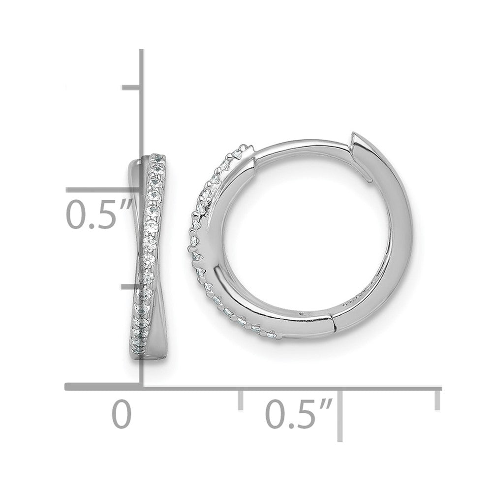 QE18123 Sterling Silver Rhodium-plated Polished CZ -X- Round Hinged Hoop Earrings