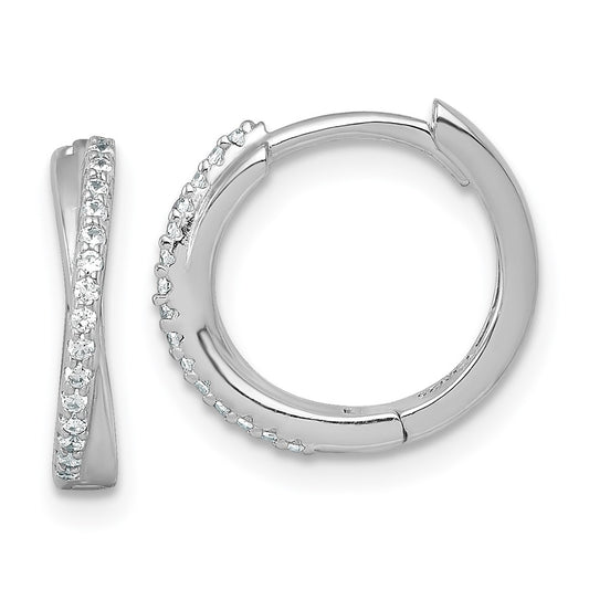 QE18123 Sterling Silver Rhodium-plated Polished CZ -X- Round Hinged Hoop Earrings