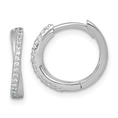 QE18123 Sterling Silver Rhodium-plated Polished CZ -X- Round Hinged Hoop Earrings