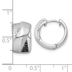 QE18124 Sterling Silver Rhodium-plated Polished Black and White CZ Round Hinged Hoop Earrings