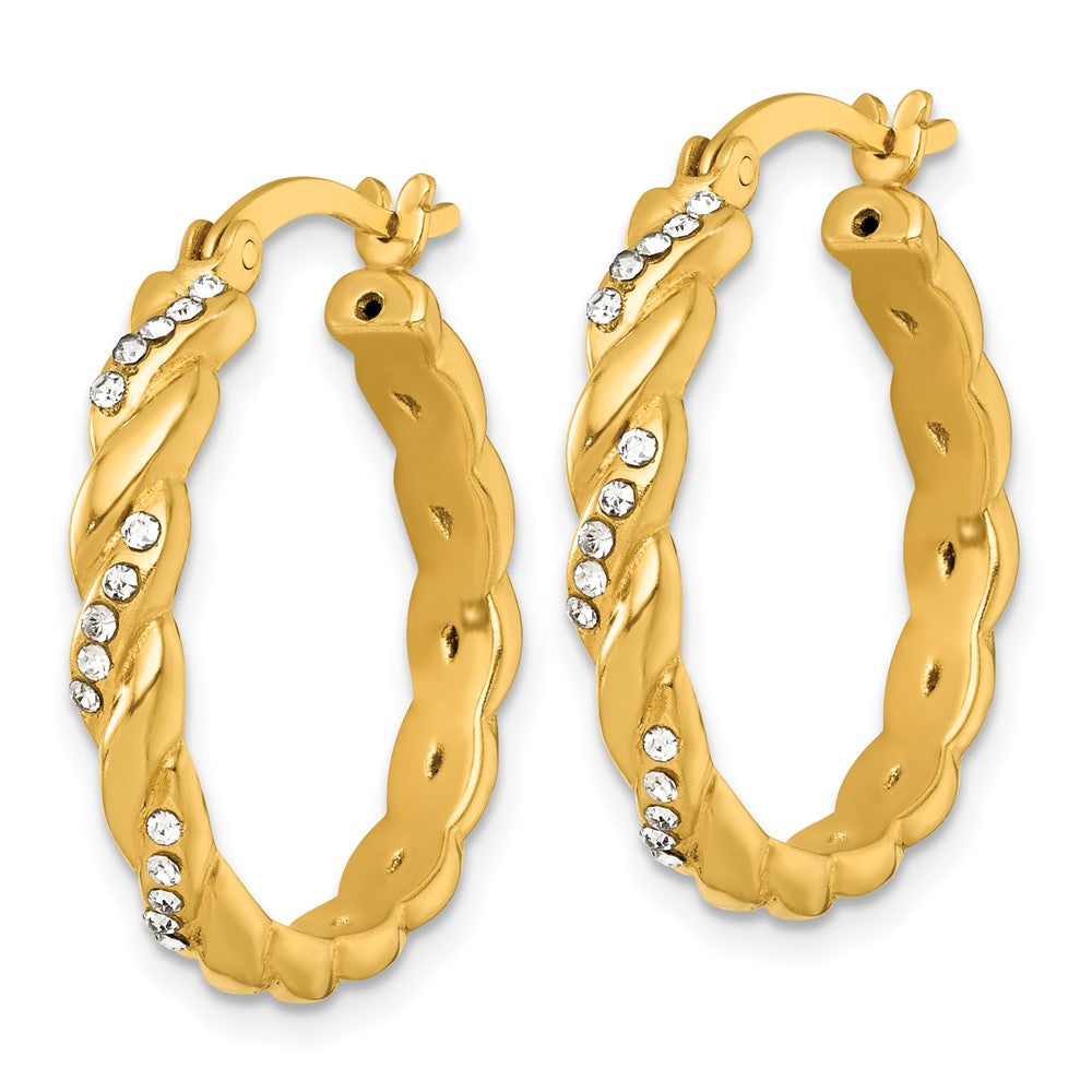 QE18131GP Sterling Silver Gold-tone Polished Twisted with Glass Stones Round Hoop Earrings