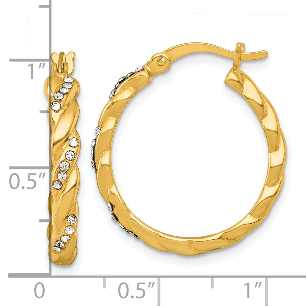 QE18131GP Sterling Silver Gold-tone Polished Twisted with Glass Stones Round Hoop Earrings