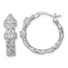QE18132 Sterling Silver Rhodium-plated Polished CZ Byzantine Link Round Hoop Earrings