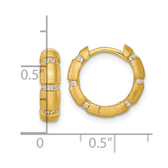 QE18135GP Sterling Silver Gold-Tone Polished and Textured CZ 4.0mm Round Hinged Hoop Earrings