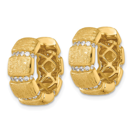 QE18136GP Sterling Silver Gold-Tone Polished and Textured CZ 8.0mm Round Hinged Hoop Earrings